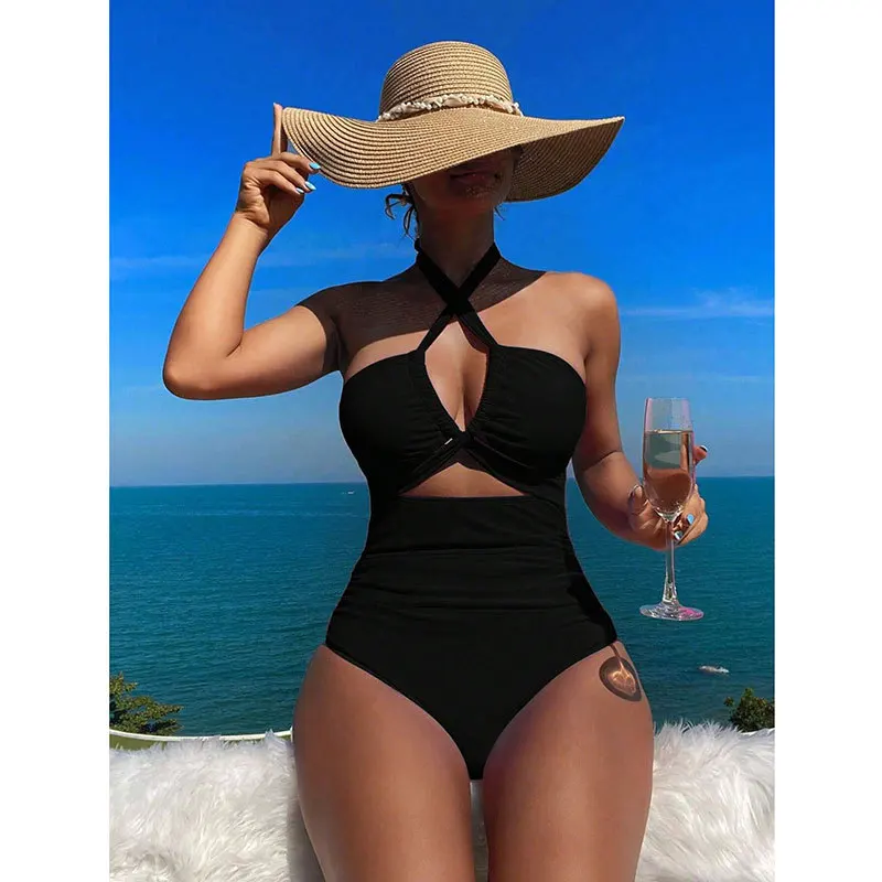 

Halter Swimwear Women Cut Out Swimming Suit Sexy Beachwear 2025 Monokini Black One Piece Swimsuit Bathing Suit Female Bodysuit
