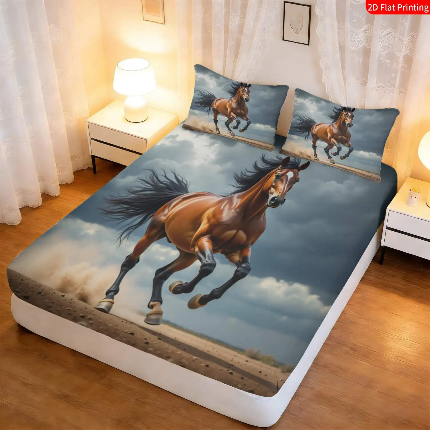 Christmas 2D Digital Print Three-Piece Bedding Set (includes 1 fitted sheet + 2 pillowcases) Mattress Protector, Fitted Sheet Style with Elastic Band, Protective Cover, Mattress Protector, Fitted Sheet Style Bedding, Mustang Theme Bedding