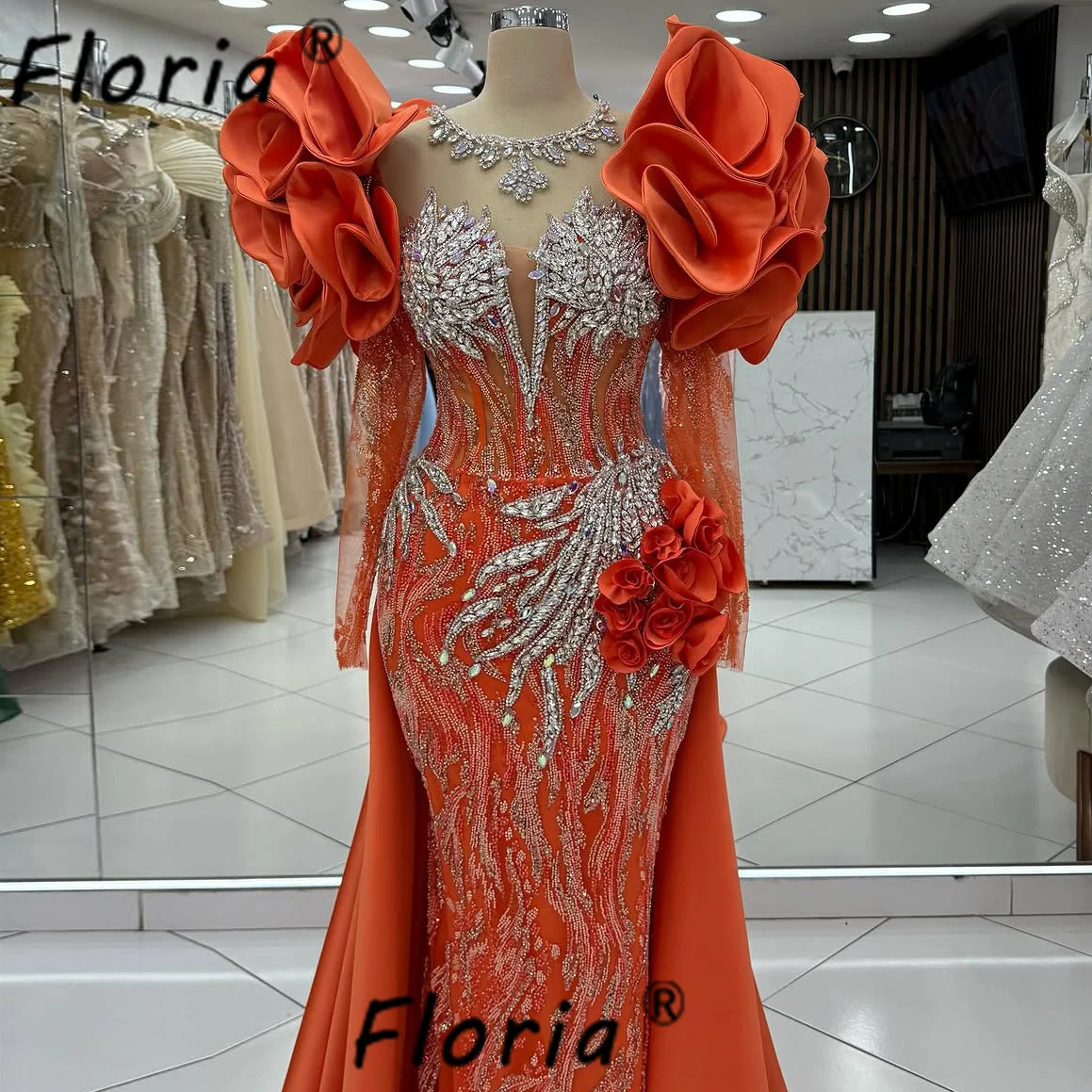 

Роскошное оранжевое свадебное платье русалки в Дубае со съемным шлейфом и кристаллами с рюшами на плечах, африканские женские вечерние платья, халаты
