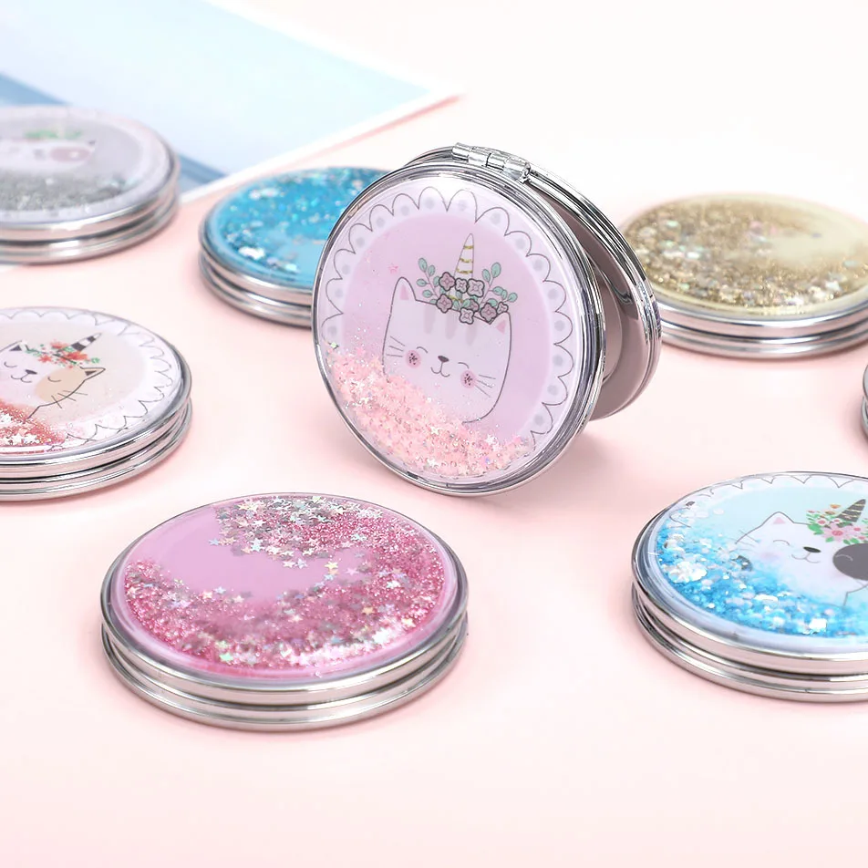 Quicksand Makeup Round Mirror Cute Girl Cartoon Double-sided Mirror Portable Makeup Mirror Creative Home Decoration Accessories