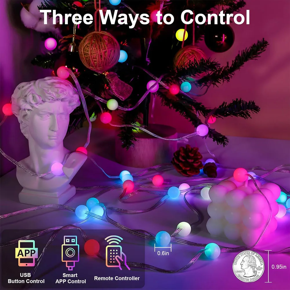 10m/32.8ft Smart Christmas Fairy Lights, 66LED Globe String Lights for Indoor and Outdoor, Music Sync for Christmas Tree Decor