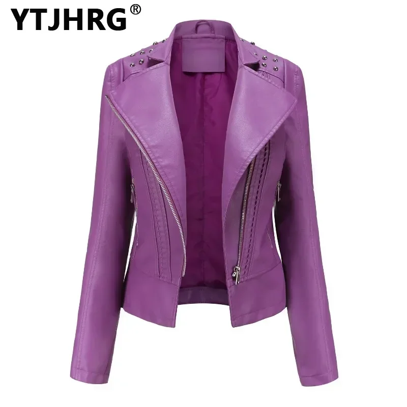 YTJHRG-abrigos con remaches para mujer, chaquetas de cuero PU con cremallera, Tops de motorista con bolsillo, primavera y otoño, novedad de 2024