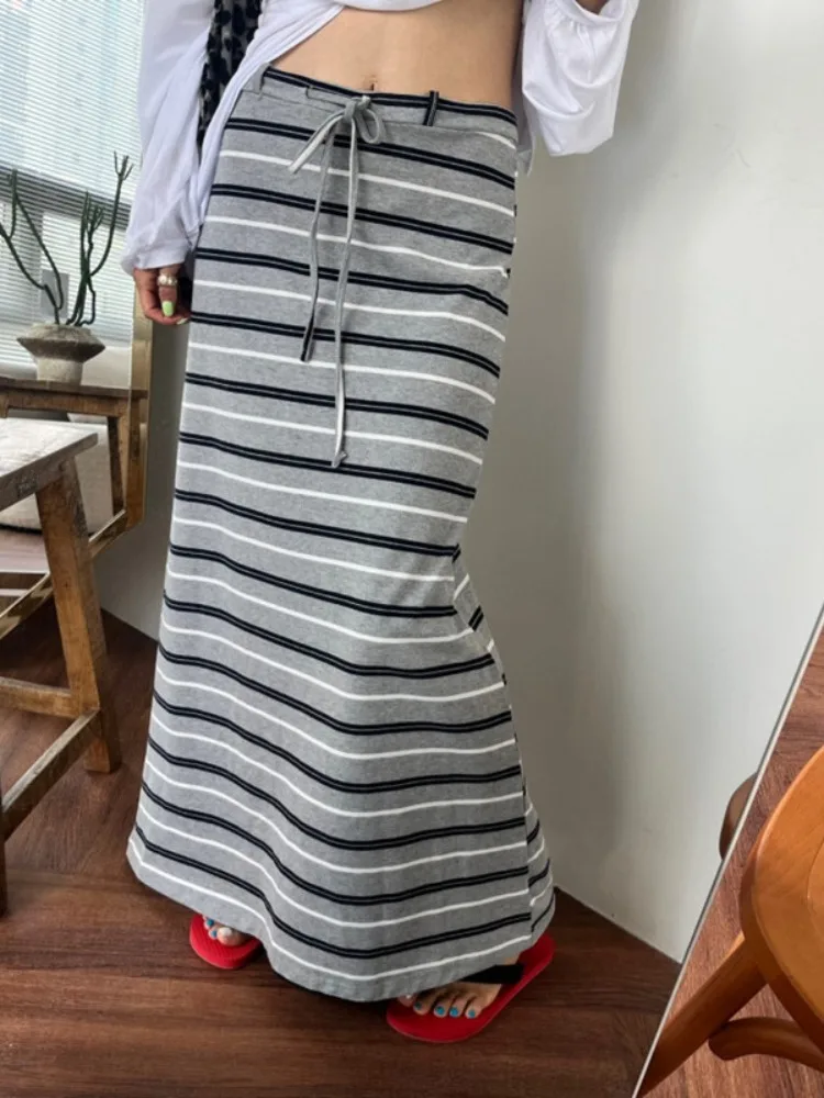

Korean Sle High Waist Casual over Knee Stripe Color Blo Long Skirt Women's Faion Trendy f Body Skirt Stand Fit Co...