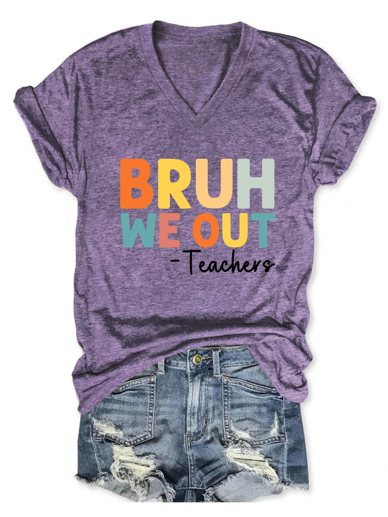 The new summer short-sleeved T-shirt BRUH WE OUT TEACHERS printed V-neck loose casual fashion jacket