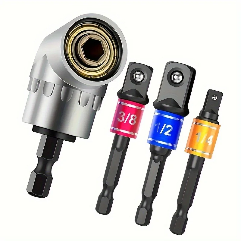 4pcs Impact Grade Drill Bit Set, 35.56/96.52/30.48cm Hex Shank, Socket Adapter, Nut Driver, 105 Degree Right Angle Attachment
