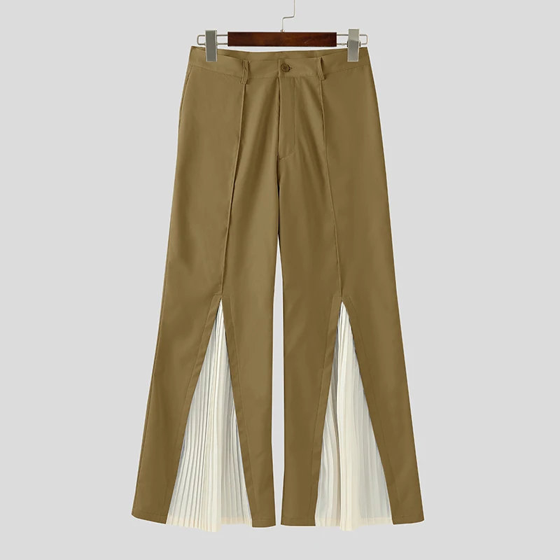 

INCERUN Men Pants Pleated Patchwork Button Party Casual Wide Leg Trousers Men Streetwear Loose Fashion Male Long Pants S-5XL