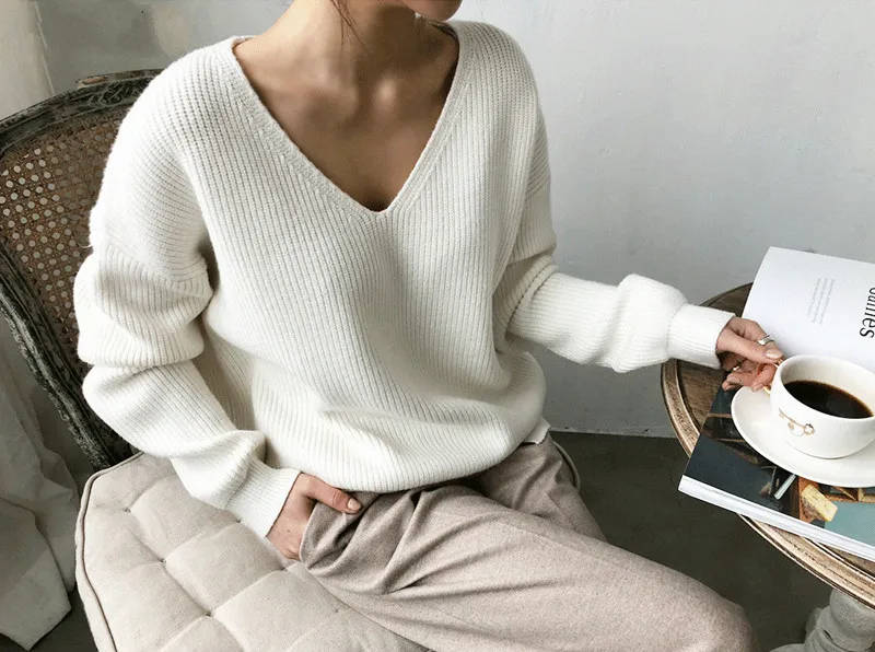 2024 New Winter Casual V-neck Loose Chic Women Pullover Sweaters Autumn Knitting Irregular Hem Female Long Sleeve Warmth Jumpers