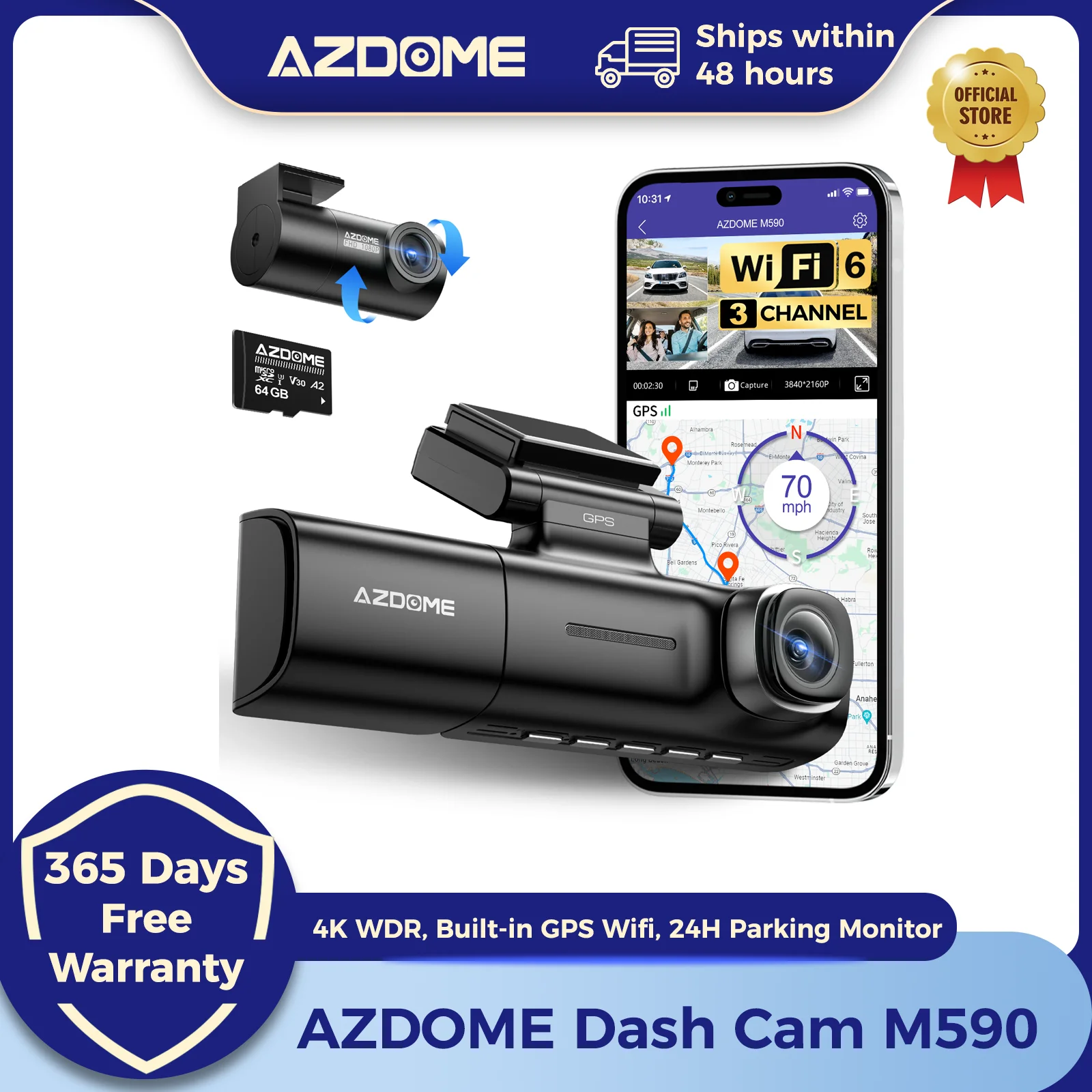 AZDOME Dash Cam M590 4K WDR Built-in GPS Wifi Car DVR 3-channel Record Loop Recording 24H Parking Monitor Support Rear Cam