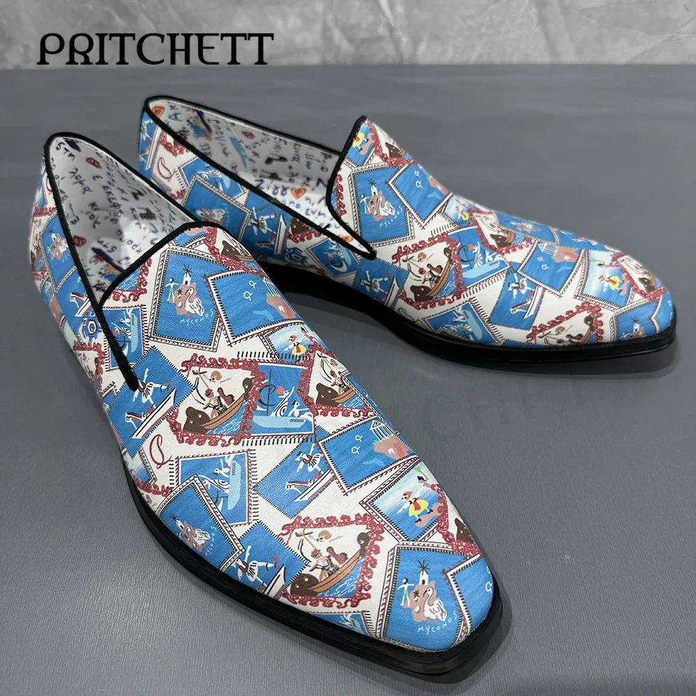 Colorful Printed Leather Loafers Irregular Pattern Slip-On Casual Shoes Large Size Fashionable Business Comfortable Men's Shoes