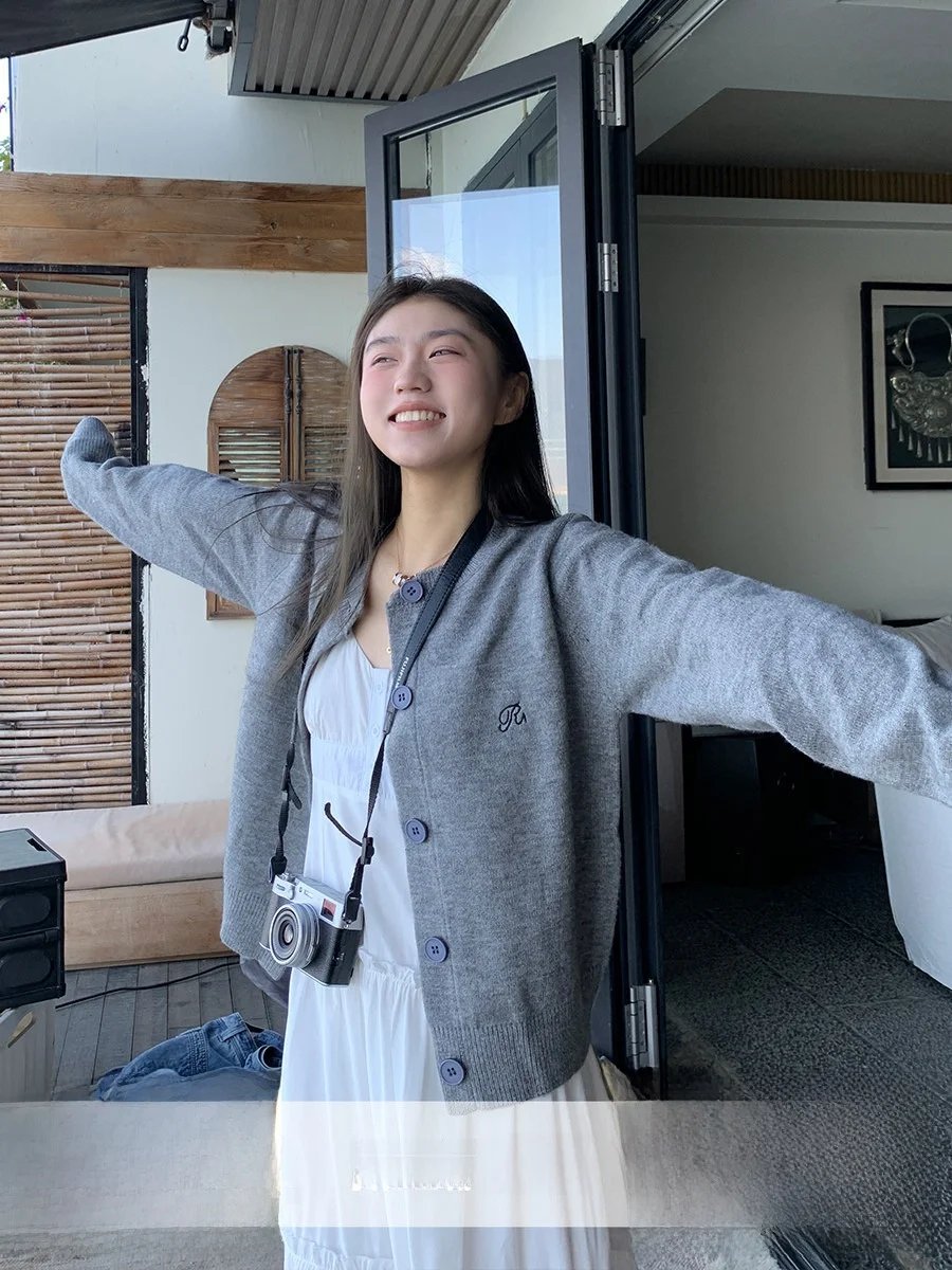 

ay Вязаный рта Свободный женский кардиган Осенний повседневный круглый Ne на пуговицах Све Длинная верхняя одежда из смеси полиэстера