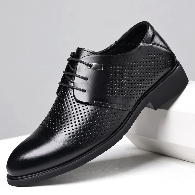 

2024 Summer New Breathable Sleeves Perforated Leather Shoes Hollow out Men's Shoes Middle aged Dad Official Casual Business Sand