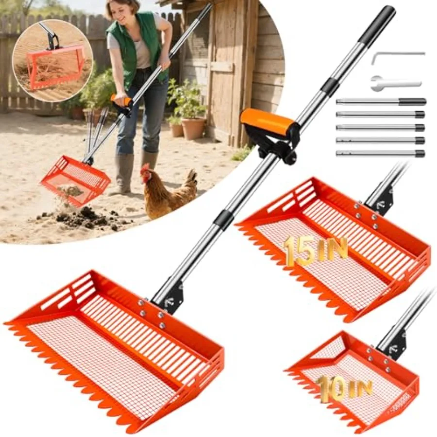

Совок-гребенка для курятника 4-в-1 с 2 большими металлическими лопатками, длинной ручкой, для просеивания песка и уборки куриного помета