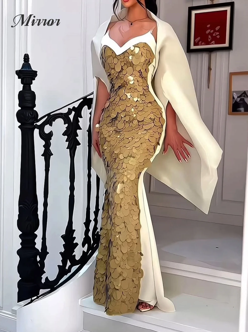 Mirror Dress Elegant Vintage Sexy Sequins Mermaid Satin Cape Stylish Customize Formal Occasion Prom Dress Evening Party Gowns