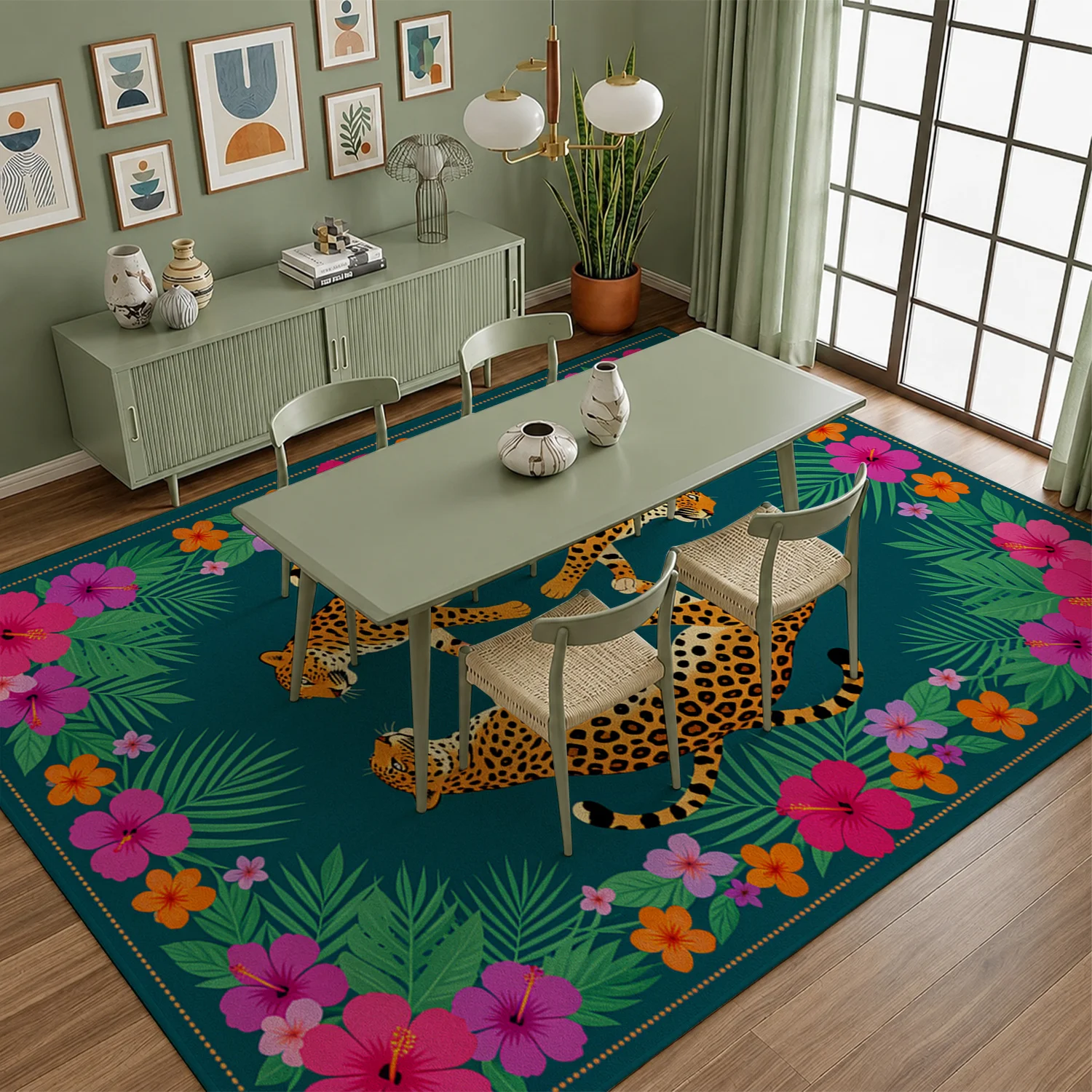 Two Leopards Tropical Hibiscus Floral Pattern Area Rug Soft Velvet Machine Washable Floor Mat for Living Room Bedroom Entryway Decor Halloween Thanksgiving Christmas New Year Themed