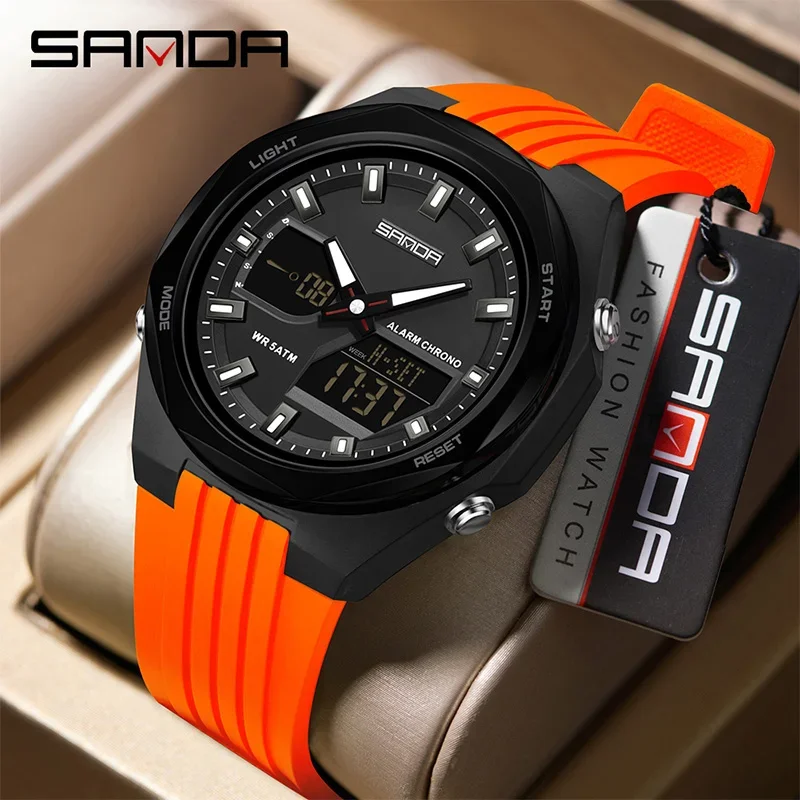 SANDA 6267 더블 디스플레이 스포츠 시계 남자 빛나는 다기능 방수 여성 손목 시계 야외 실행 학생 알람
