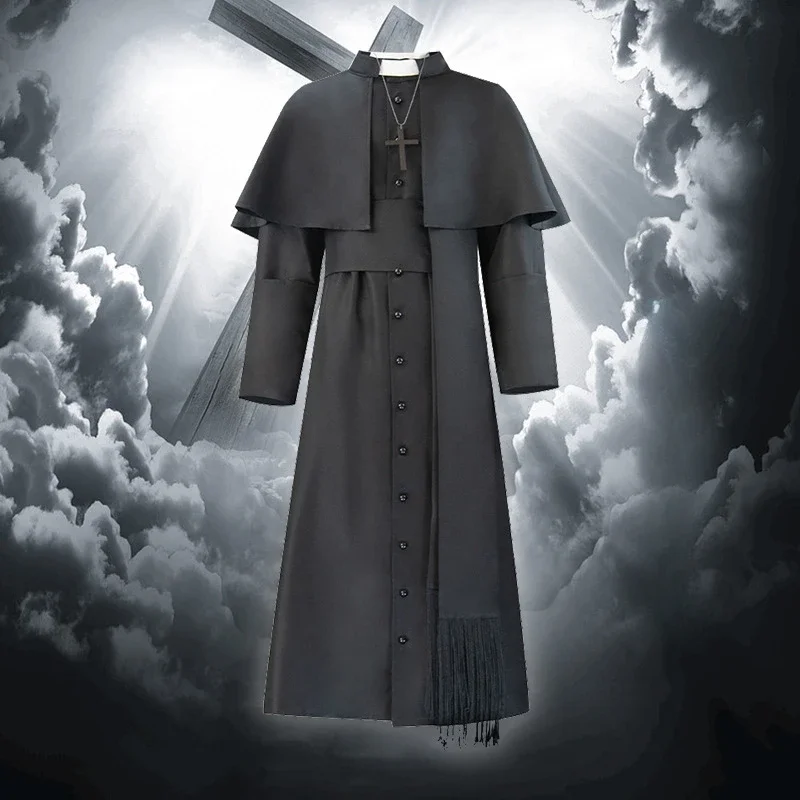 

Medieval Priest Father Cosplay Costume Gothic Clergy Robe with Cross Necklace for Halloween Carnival Party & Themed Events