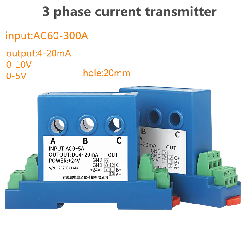 

20mm Current Transmitter Three Phase Ampere Signal 3 Phase AC50A 60A 80A 100A 150A 200A 4-20ma Analog output