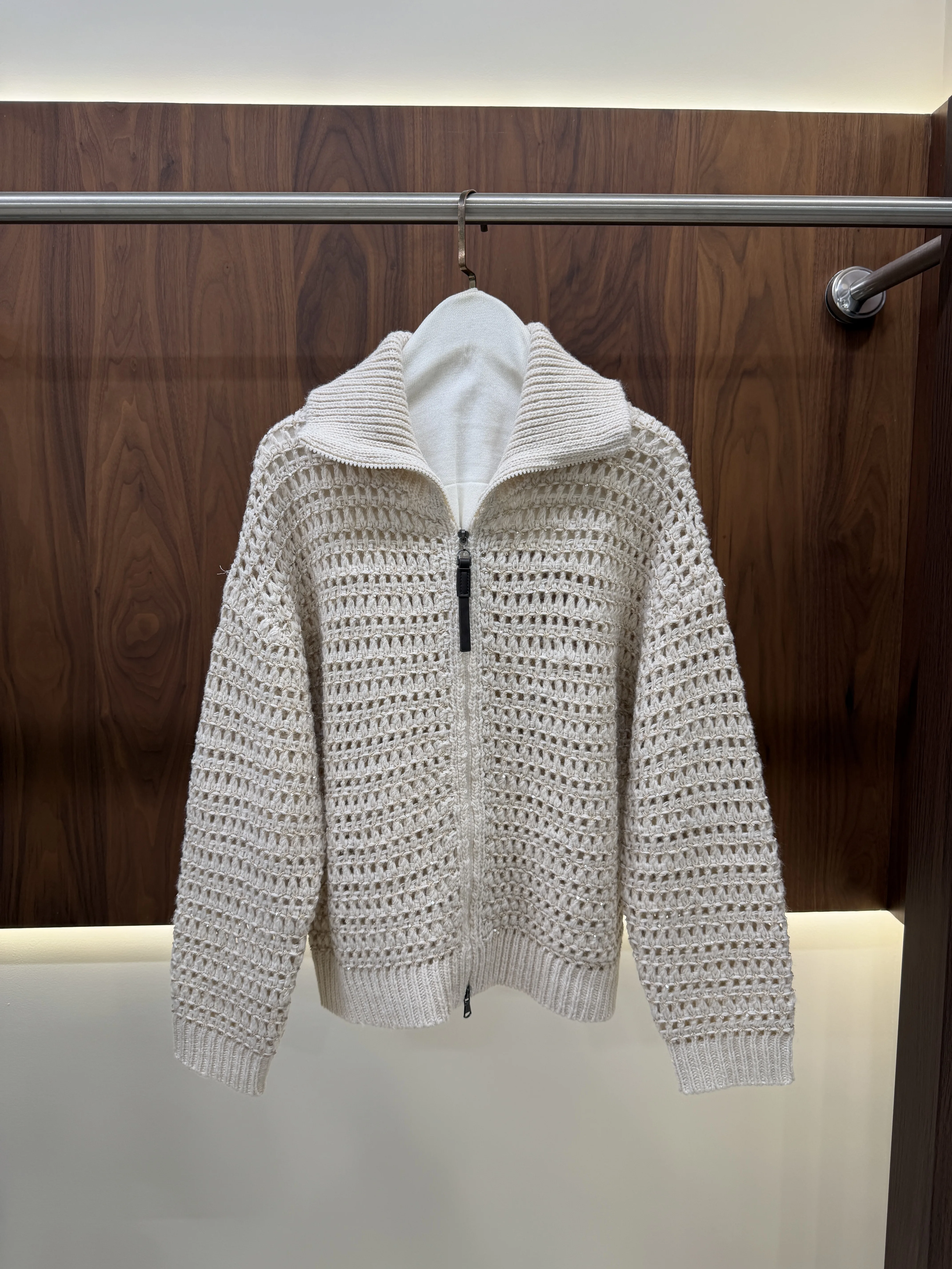 2026 Fall/Winter  Women's Sequined Cut-Out Zip-Front Wool Knit Cardigan