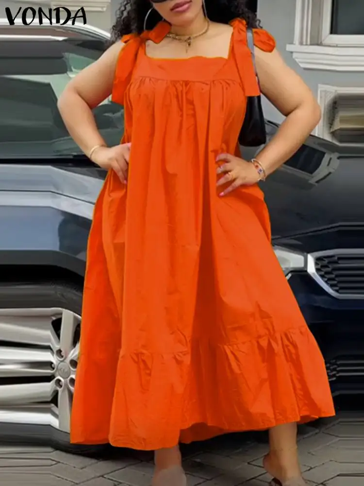 

Plus Size VONDA 2024 Summer Dress Fashion Women Sleeveless Straps Solid Color Party Sundress Ruffled Casual Long Vestidos
