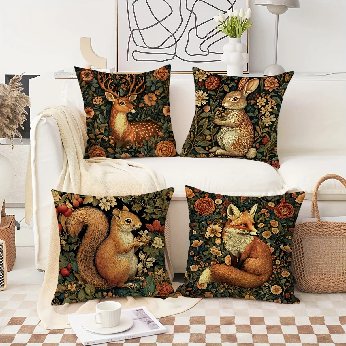 Vintage Floral Animal Print Throw Pillow Covers,Polyester Zippered Cushion Cases with Squirrel, Deer, Rabbit, Fox Designs