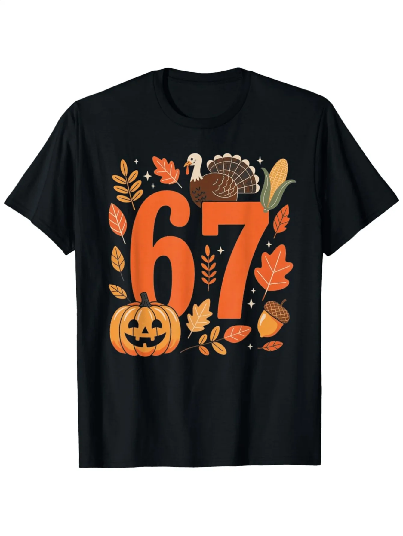 Vintage Men's Black Graphic T-Shirt 67 Turkey Pumpkin Corn Acorn Autumn Leaves Harvest Festival Number Print 100% Cotton Heavyweight Short Sleeve Casual Streetwear Tee