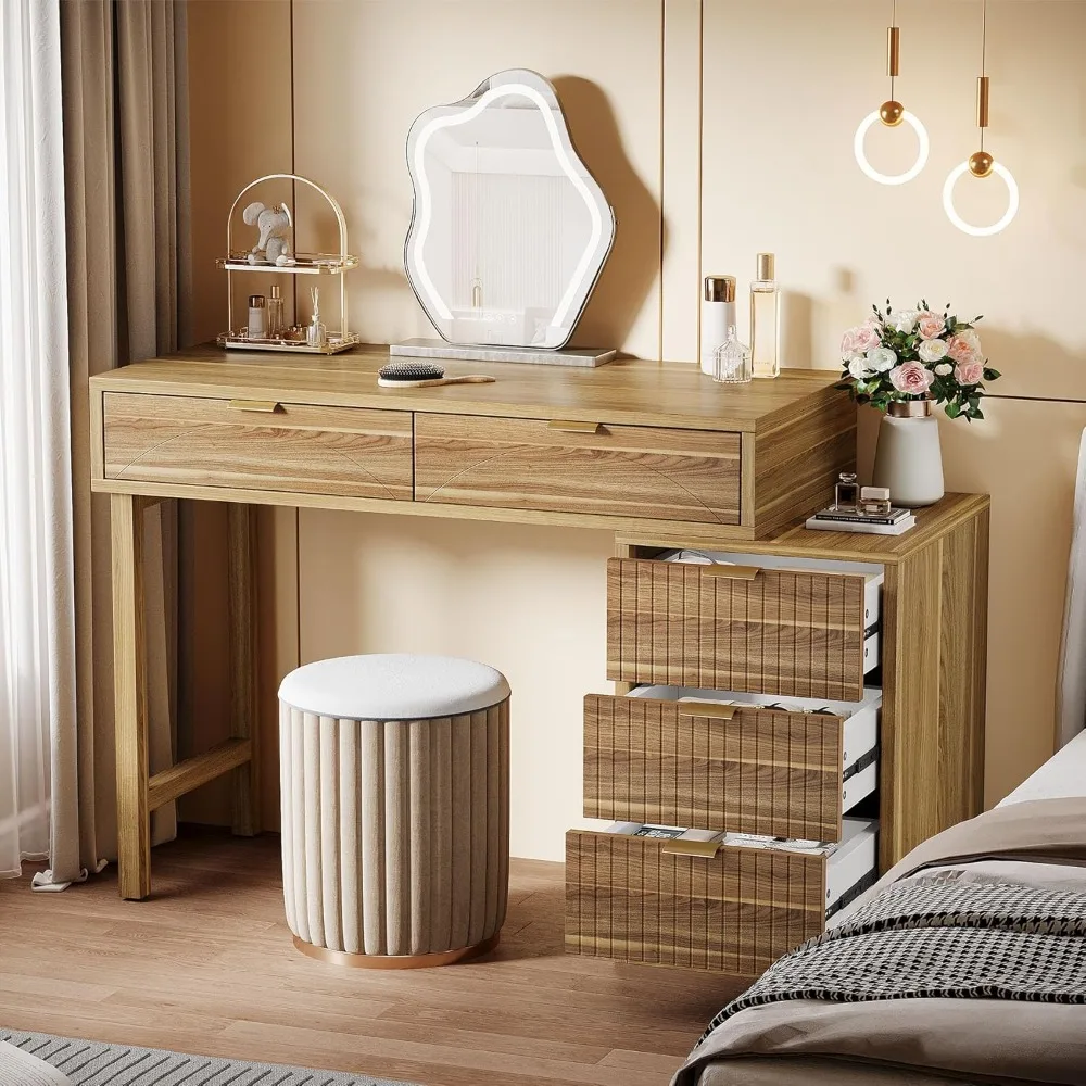 

Compact Modern Wood Vanity Desk with 5 Drawers for Bedroom, Ideal for Small Spaces