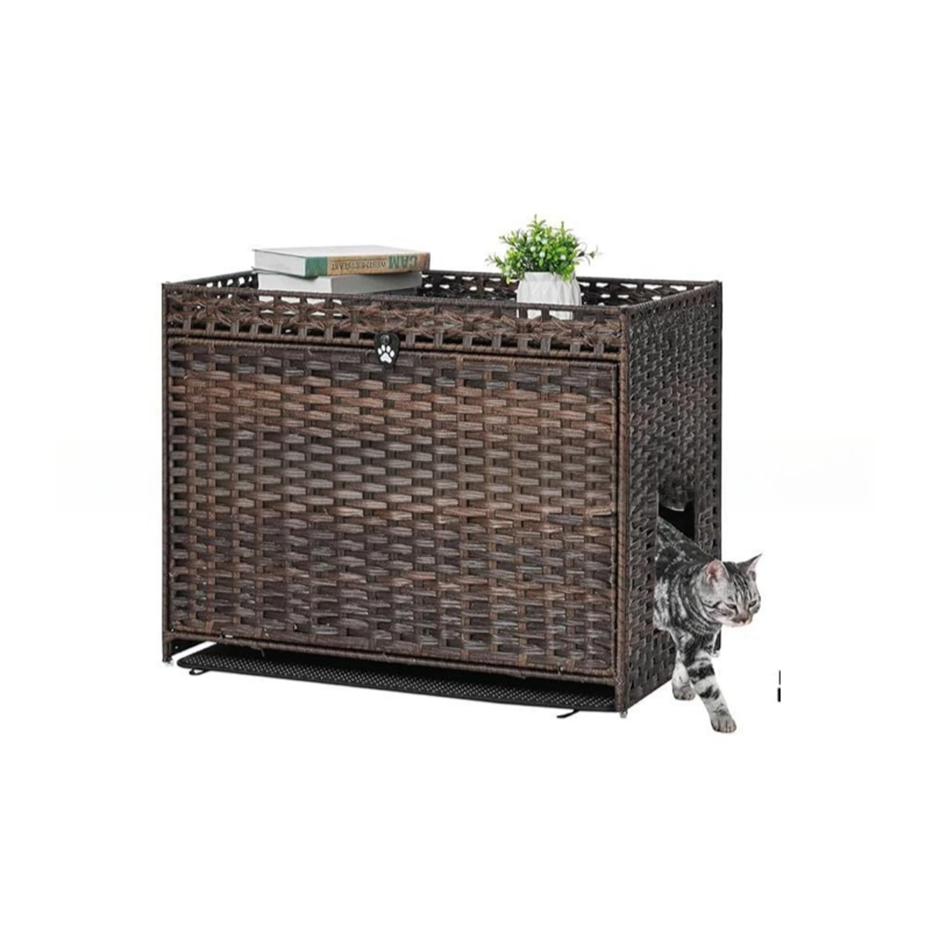 Cat house with door, rattan, cat litter box, cabinet, storage, cat nest, breathable and washable, no pilling, widened and raised