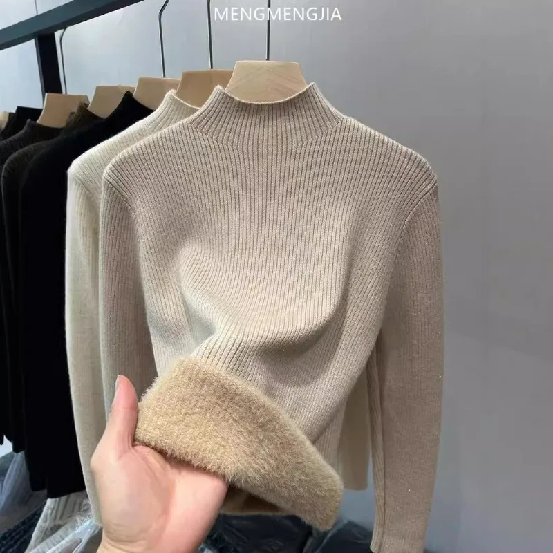 Turtleneck Winter Sweater Women Elegant Thicken Velvet Lined Warm Sueter Knitted Pullover Slim Tops Jersey Knitwear Jumper New