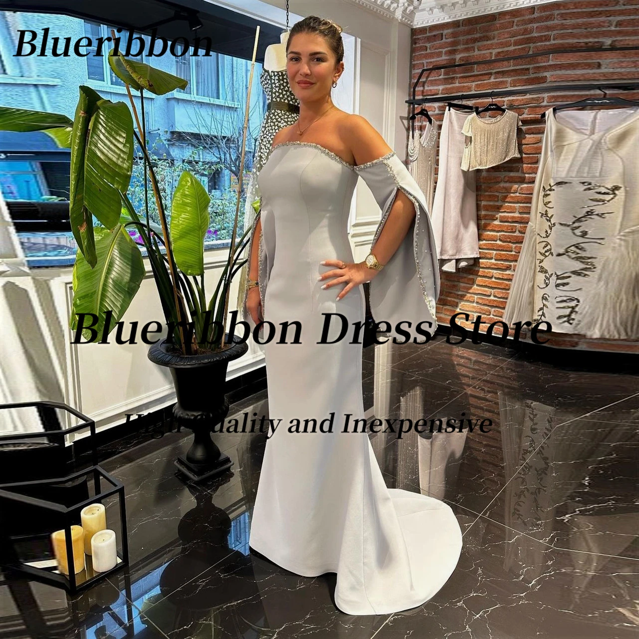 

Blueribbon Formal Occasion Strapless Beaded Long Sleeves Saudi Prom Dresses Zipper Back Evening Party Gowns