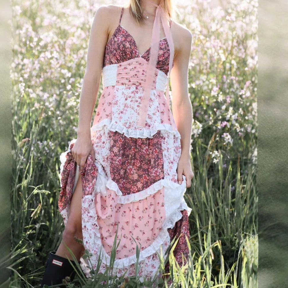 

Dress Women Dresses Camisole Print Spliced V Neck Ankle Length Sleeveless Backless Long Casual Vestidos Sexy Loose 2025