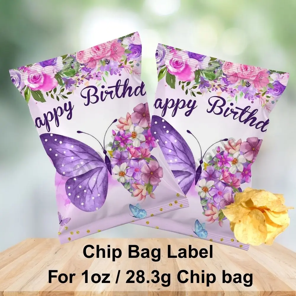 Étiquettes pour sacs de chips motif papillon violet et floral Joyeux Anniversaire, emballages pour collations 1oz, cadeaux de fête, décoration personnalisée pour mariage et baby shower, DIY