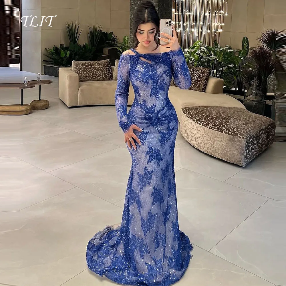 

TLIT Sexy Blue Lace Mermaid Evening Dresses Long Lace Sleeves Little Sweep Train Prom Gowns Customized Sparkly فساتين