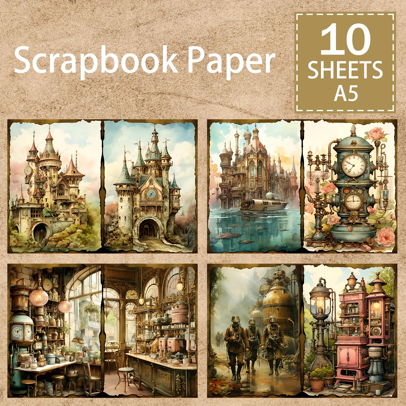 10 Sheets A5 Size Steampunk Mechanical Architecture Landscape Background Vintage Grunge Journal Planning Scrapbooking