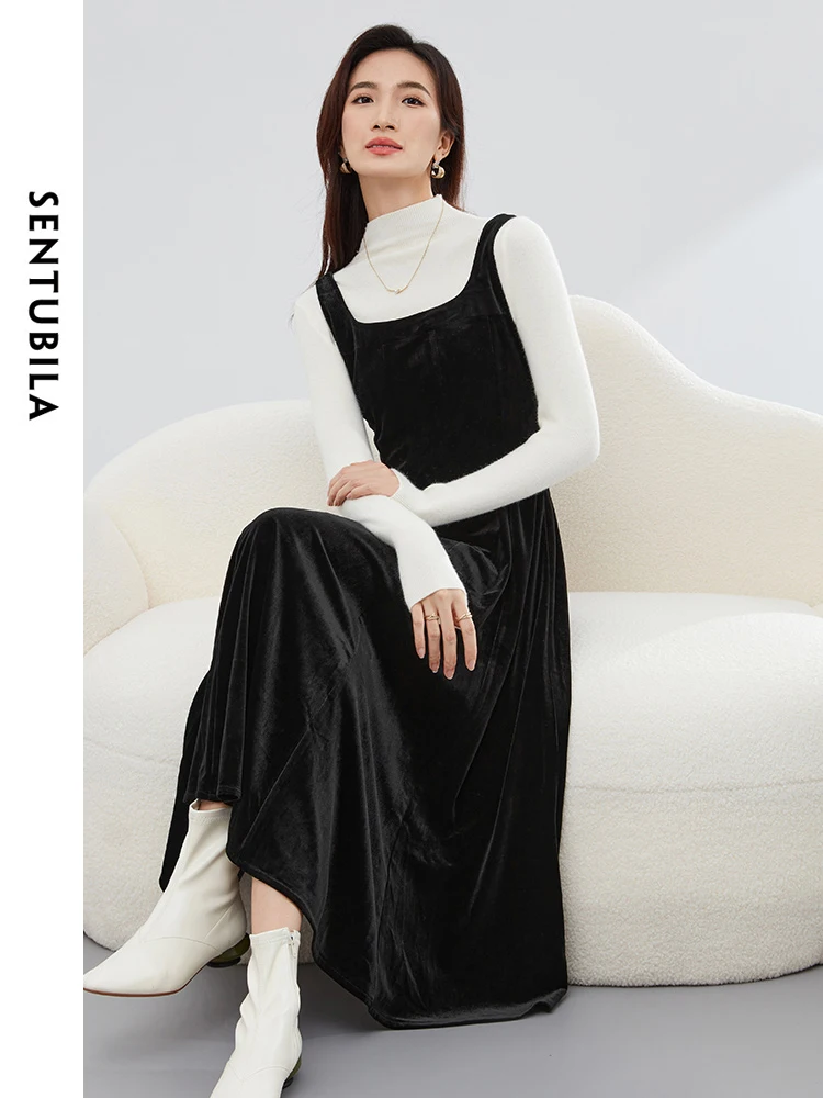 SENTUBILA Black Square Collar Velvet Sleeveless Midi Dress 2024 Spring Simple Straight Tank Midi Dresses for Woman 134L52556