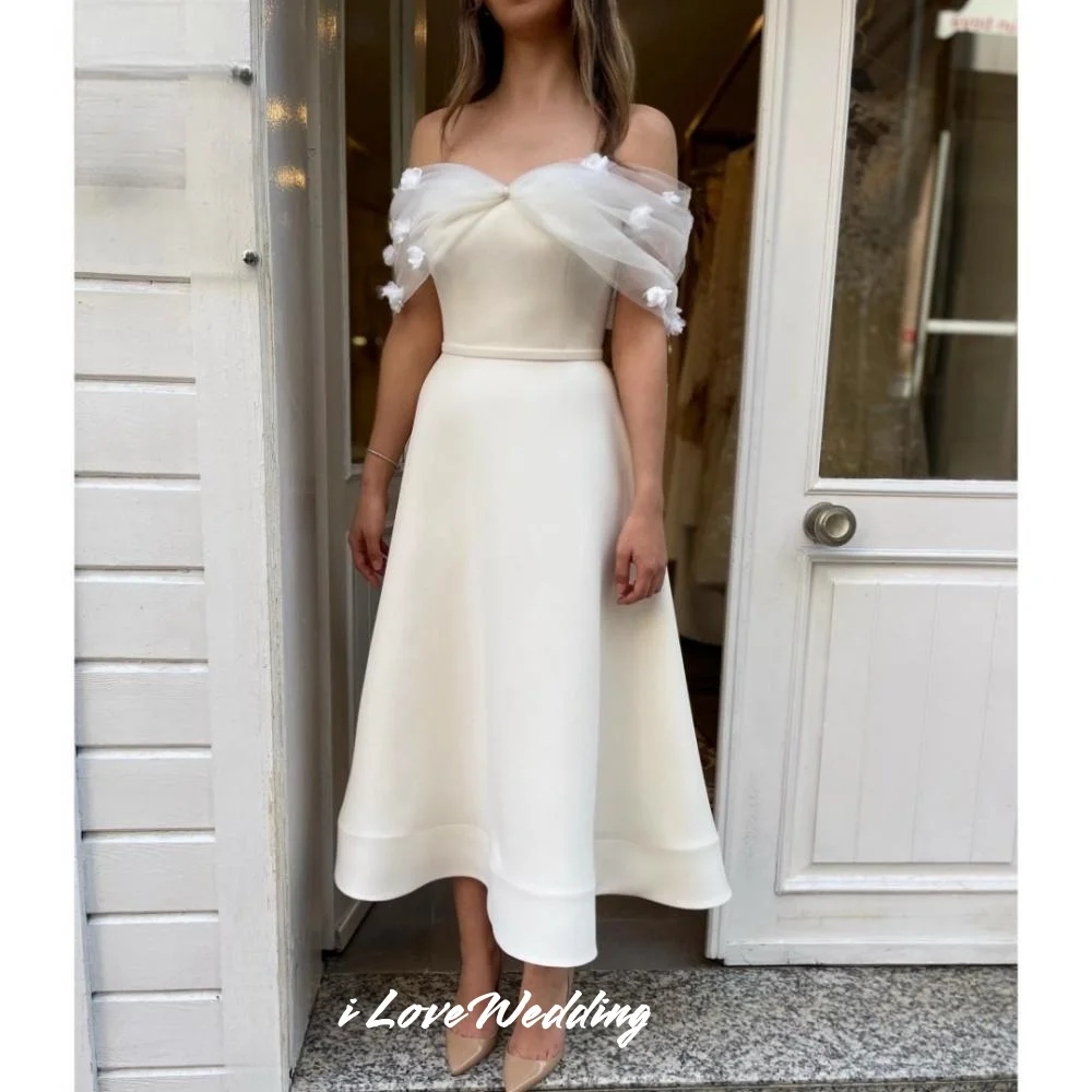

White Strapless Evening Dresses 2025 Off Shoulder Flower A-Line Pleated Tea-Length Prom Dresses Wedding Party Dresses Customized