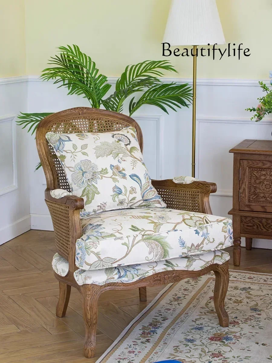 

American Country Solid Wood Rattan Single-Seat Sofa Chair French Retro Figured Cloth Casual Wingback Chair