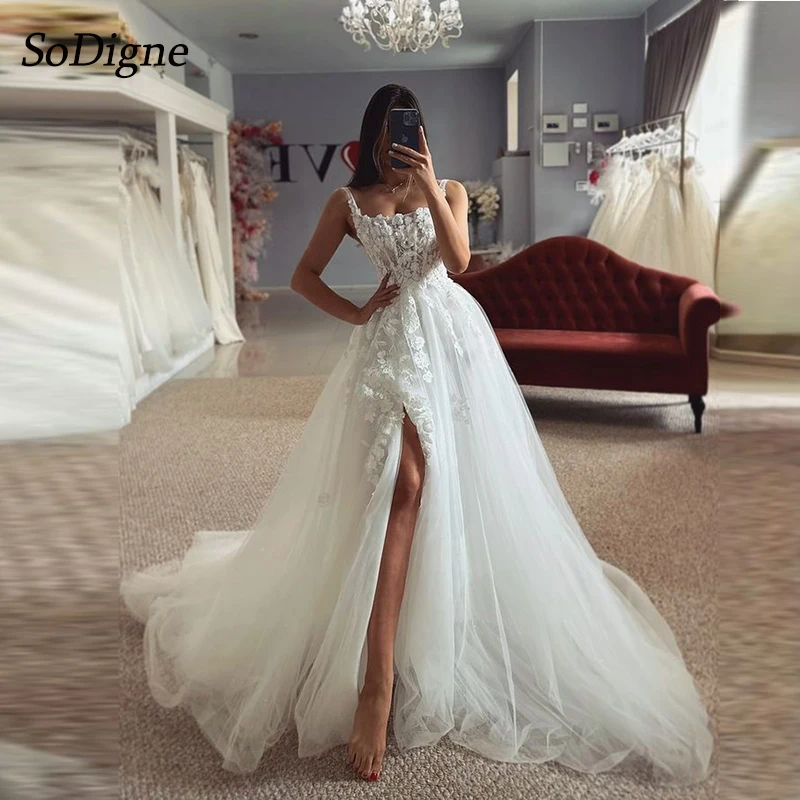 

SoDigne A-line Boho Wedding Dresses Square Collar Sleevless Appliques Tulle Bridal Dress Split Long Wedding Gown Robe De Mairee