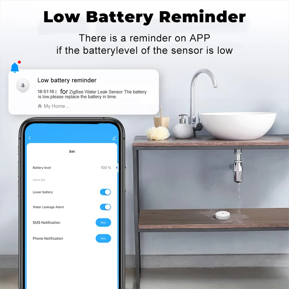 Real-time Water Detection for tuya App DC3V Power Supply Fireproof PC Material Low Reminder Powered Water Sensor