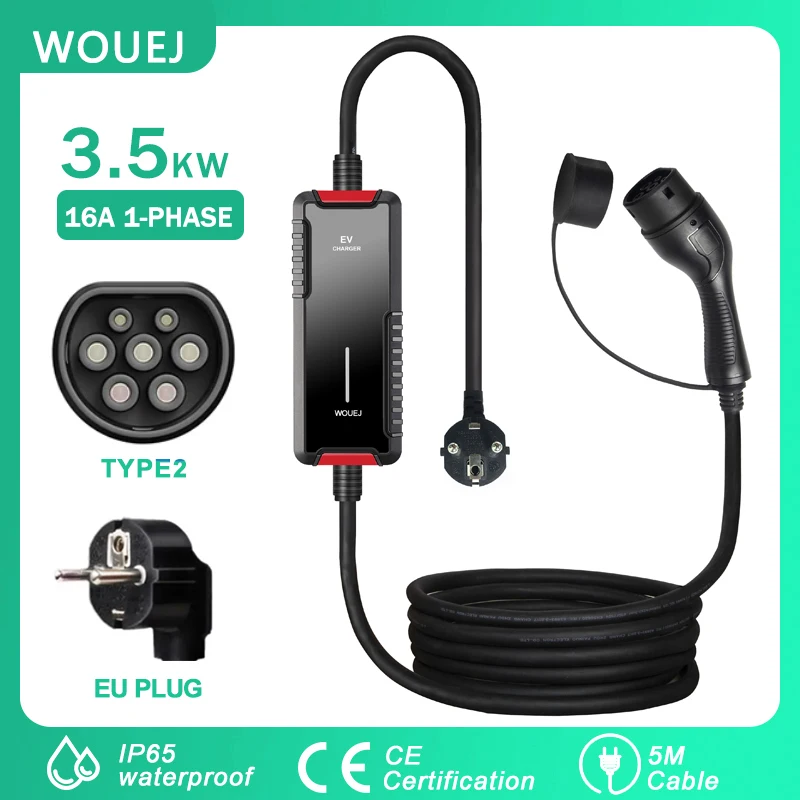 WOUEJ Portable EV Charger 3.5KW Type2 16A  1 Phase for Electric Car 6A-16A 5 Meters with EU Power Plug