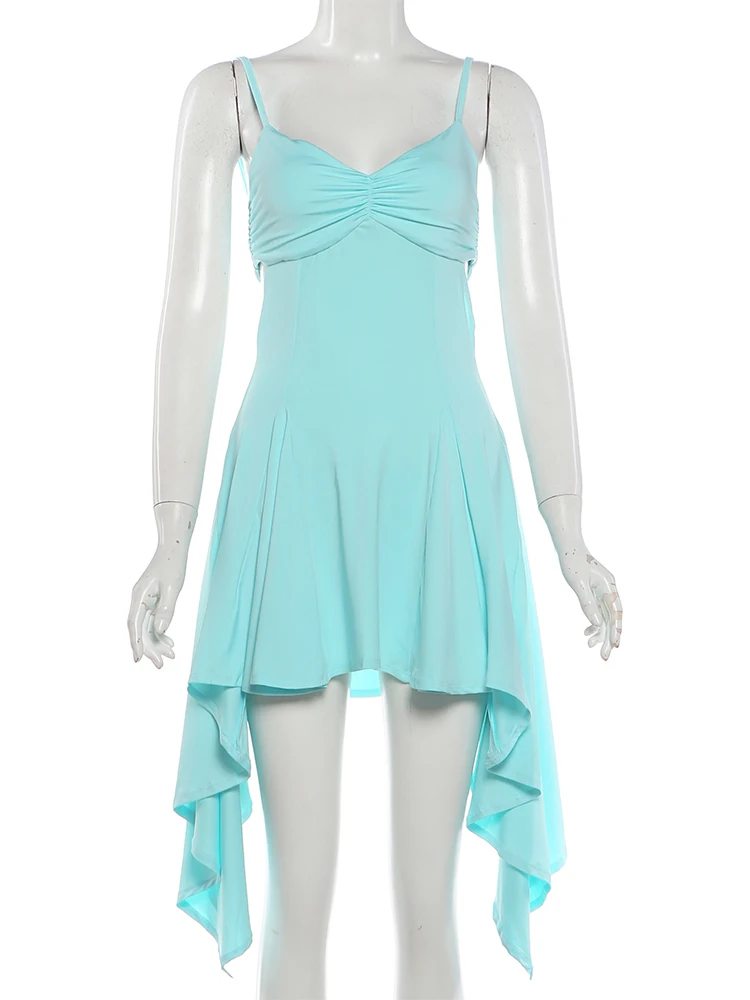 Weird Puss Bandage Rückenfreies Kleid für Damen, tief ausgeschnittenes, ärmelloses, unregelmäßig gerafftes Saum, figurbetont, einfarbig, Sommermode, klassisches Bodycon-Kleid – Detail 3