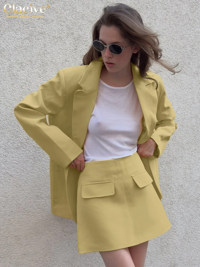 

Clacive Fashion Loose Yellow Office 2 Pieces Set For Woman 2025 Winter Long Sleeve Blazer With High Waist Mini Skirt Set Female