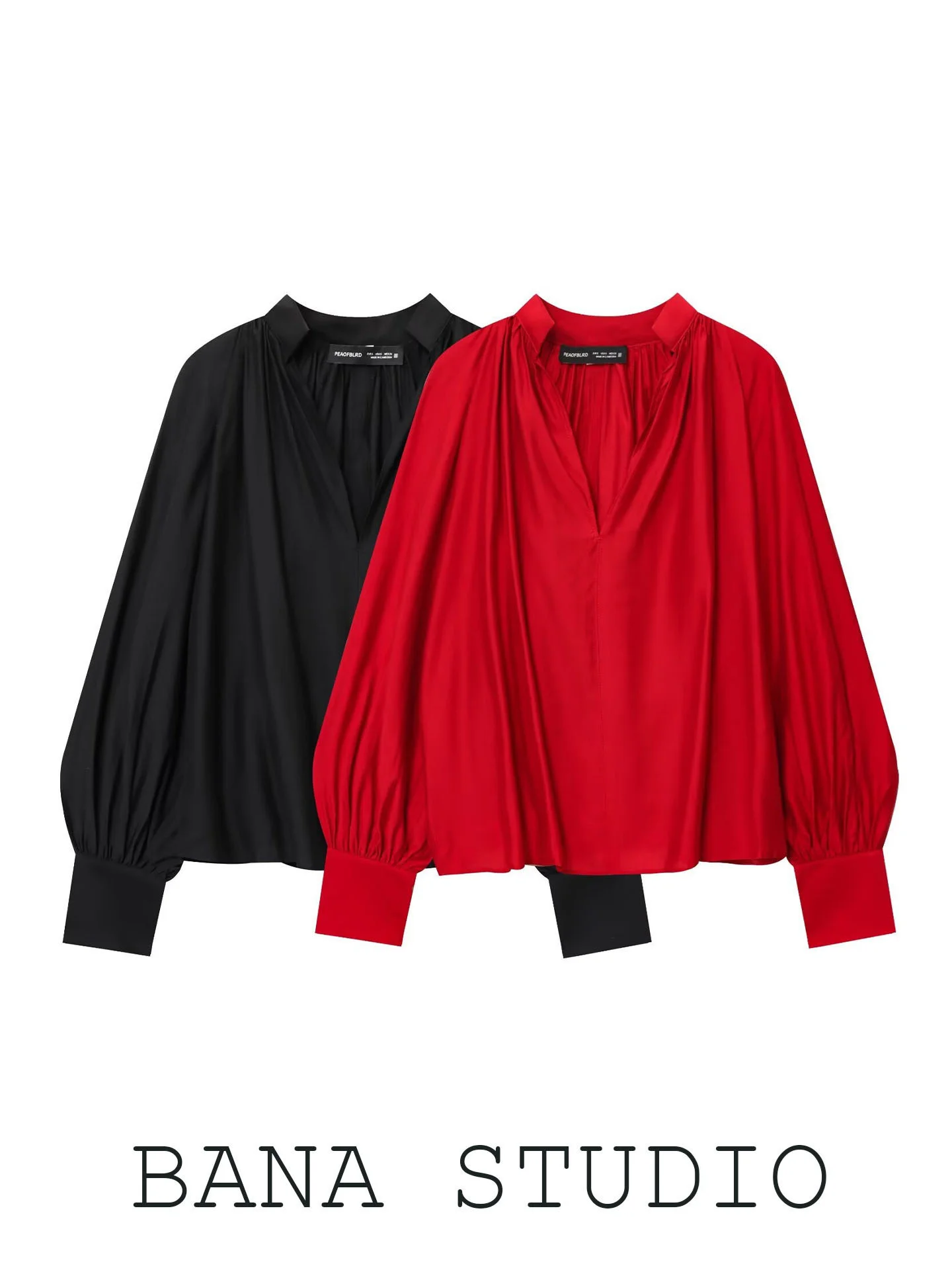 

BANA V-Neck Long Sleeve Red Lantern Sleeve Shirt Women's Style French Straight Cut Polyester Fabric No Special Function