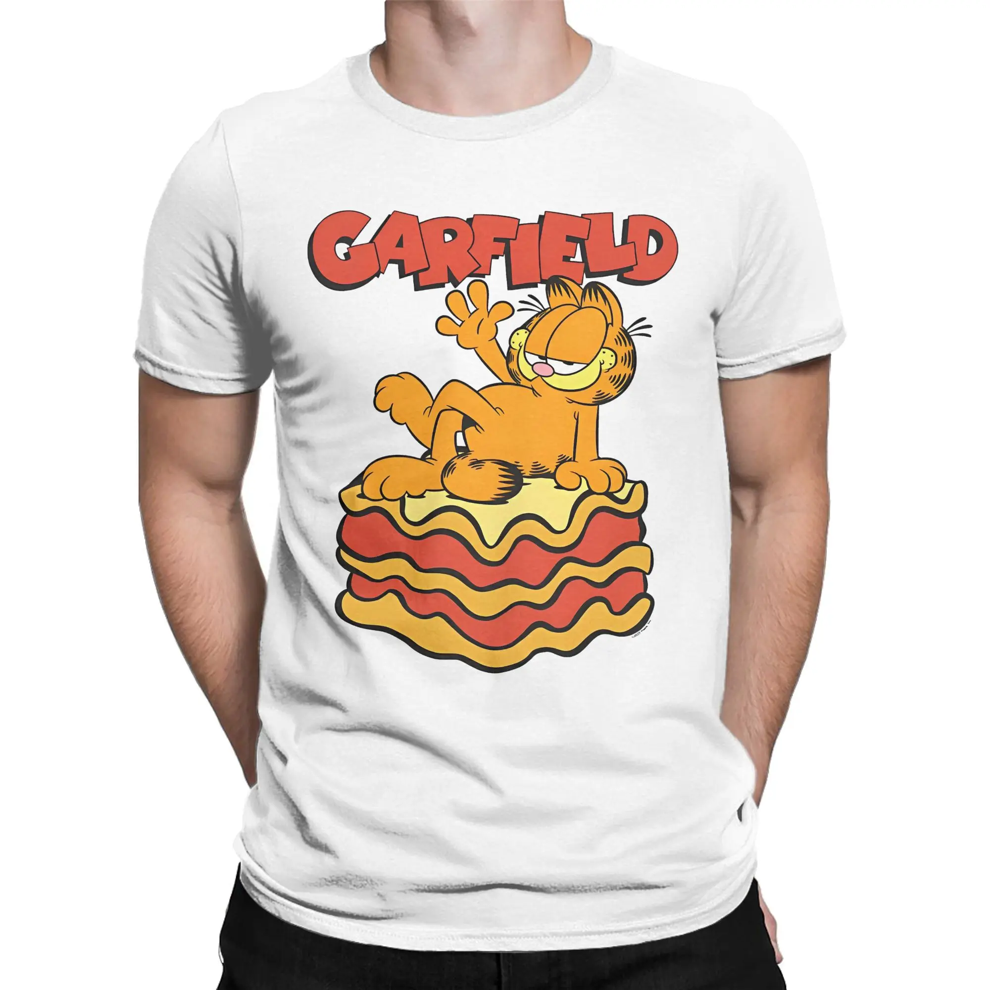 G-Garfielded Lasagna Slice Pose T Shirt for Men Cotton Unique T-Shirts Cute Cartoon Tee Shirt Short Sleeve merchandise Adult