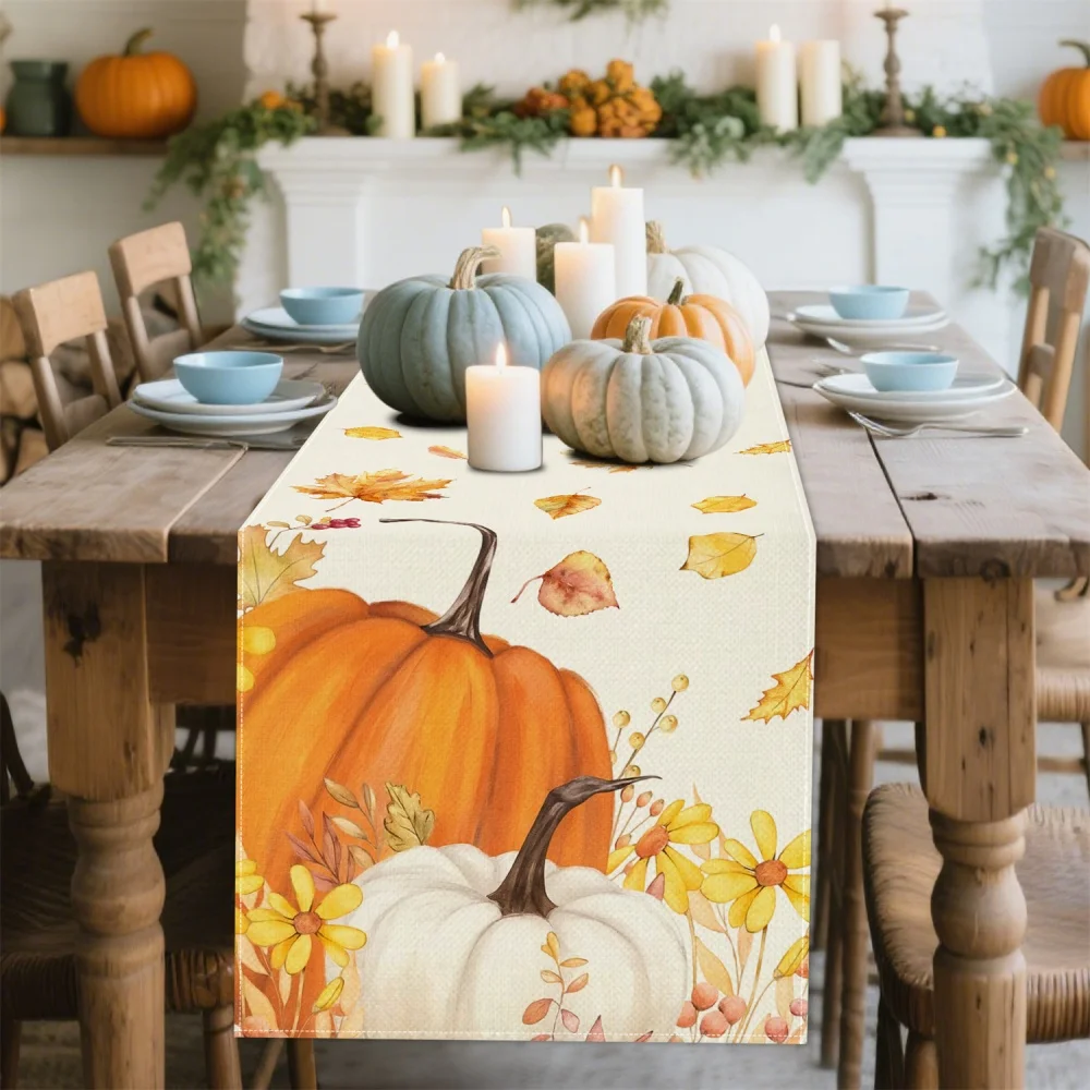 1 Stück Herbsternte-Tischläufer mit Kürbis-, Blätter- und Blumenmuster – Verwendung im Innen- und Außenbereich für Thanksgiving, Halloween