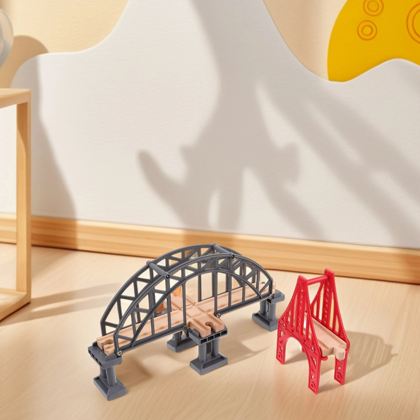2pcs Wooden Train Track Bridge Set Suspension Railway Accessories For Kids Play Scene Plastic Supports Building Game Family