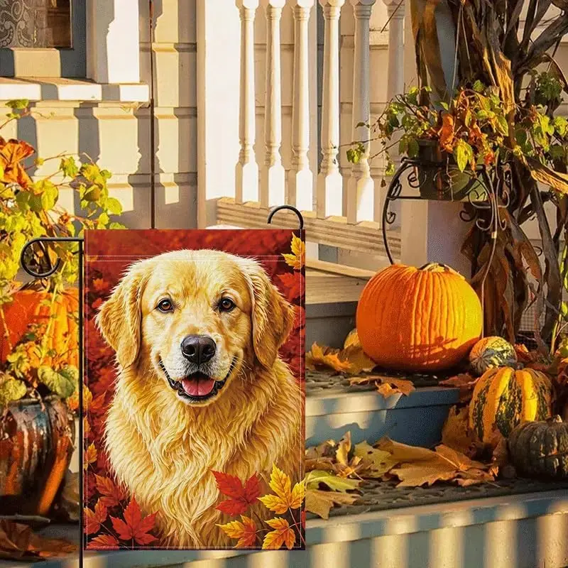 Fall Garden Flag 12x18 Inch, Golden Retriever Dog Garden Flag with Autumn Maple Leaves, Double Sided Outdoor Yard Lawn Porch yyi