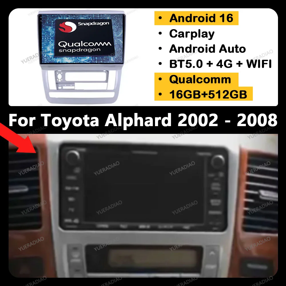 

Android 16 Car Radio For Toyota Alphard 1 H10 2002 2003 2004 2005 2006 2007 2008 Carplay Auto Multimedia Player GPS NAVI 4G WIFI