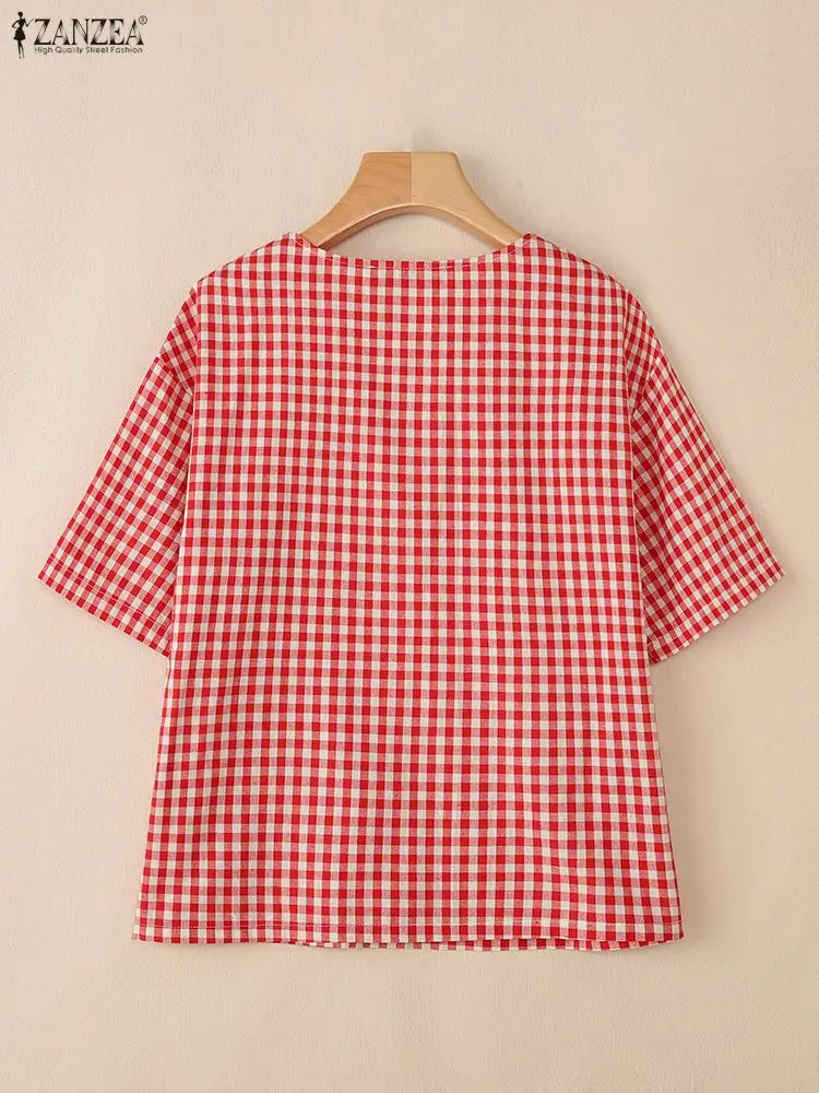 ZANZEA 캐주얼 시크 패치워크 디자인 깅엄 블라우스 여성용 브이넥 드롭숄더 반소매 탑 여름 2025 신상 일상복