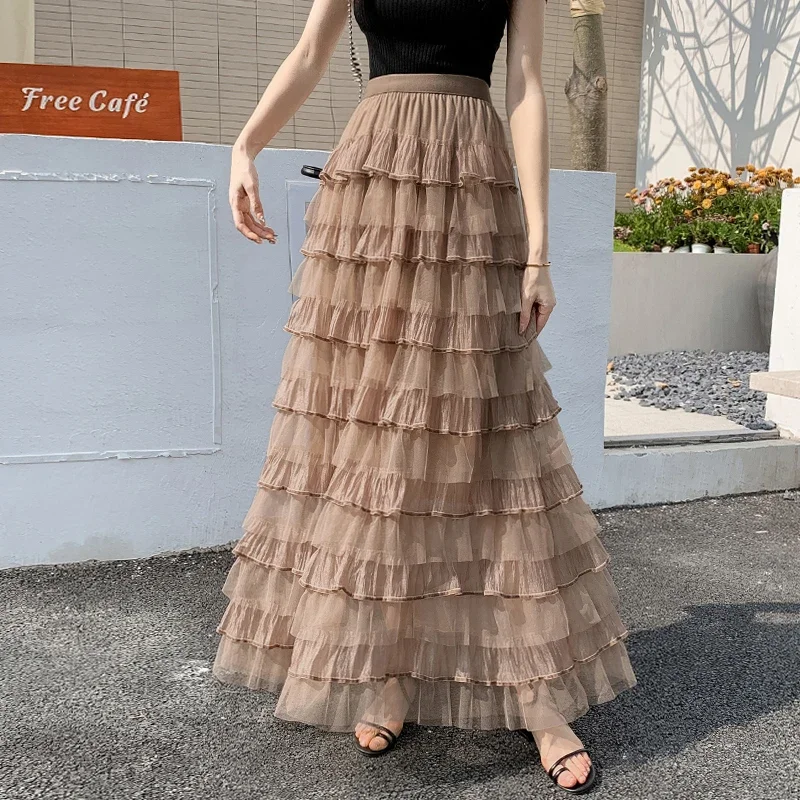 

Французская темпераментная сетчатая юбка с рюшами, осенняя милая ретро-юбка цвета хаки, корейская элегантная юбка для женщин, модные повседневные юбки-торты