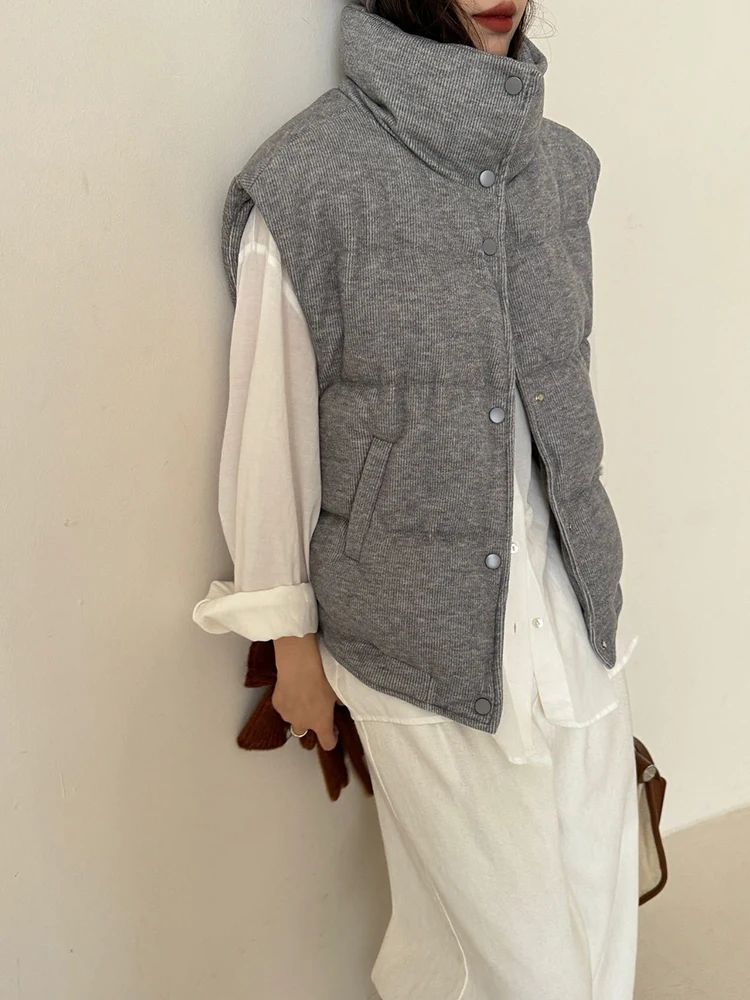 

Autumn Winter Corduroy Stand Collar Warm Down Vest Female Single Breasted Waistcoats Women White Duck Down Sleeveless Vests Coat